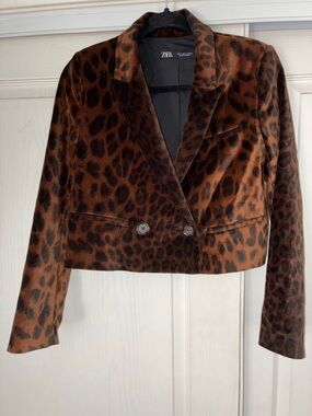 Zara Brown Leopard Print Velvet Cropped Blazer